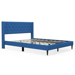 81" Queen Size Platform Bed Frame & Button Tufted Upholstered Wingback Headboard - Picture 1 of 11