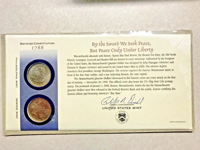 U.S. Mint 2000 Massachusetts P&D Quarters 1st Day Cover Set 2 Coins #15365 - Image 1 of 3