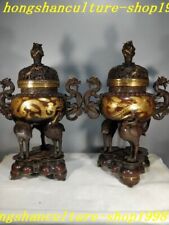 China Buddhism purple copper Gilt Feng Shui Crane dragon statue incense burner