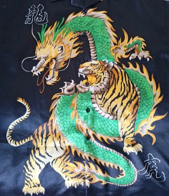 Vintage TRUST Dragon Tiger Black Satin Button Up Shirt Men's Size XL - Image 1 of 4