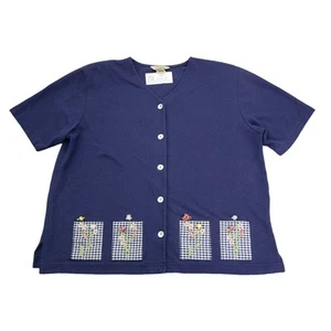 Teddi Shirt Womens L Blue Short Sleeve Button Vneck Floral Plaid Shoulder Pads - Picture 1 of 17