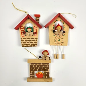 Set of 3 Vintage Wooden Christmas Ornament - House, Fireplace, Cuckoo Clock - Picture 1 of 11