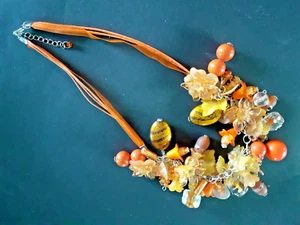 FLORAL NECKLACE STATEMENT LUCITE/GLASS BEADS ADJUSTABLE ORANGE MIX HAND THREADED - Picture 1 of 1