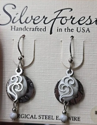 Silver Forest White Enamel Swirl Beads Layered Dangle Textured Earrings  - Image 1 of 4