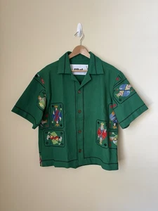 Pikol New Casino Button Up Shirt Handmade Embroidered Green M/L - Picture 1 of 4
