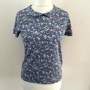 Cath Kidston Size 12 Blue Floral T Shirt Top Short Sleeved Peter Pan Collar - Picture 1 of 9