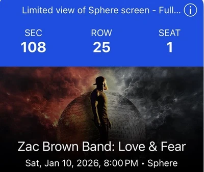 Zach Brown Band Las Vegas Sphere 2 entradas para el 10 de enero de 2026 1/10/26 Foto 1 de 3