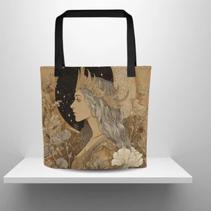 Moon Goddess Floral Crown Celestial Night Sky Botanical Silhouette Tote Bag - Picture 1 of 8