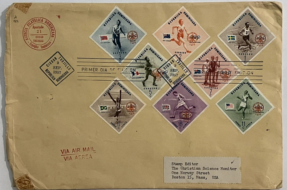 1957 DOMINICAN REPUBLIC FDC COVER TO BOSTON DIAMOND STAMPS - Image 1 of 4