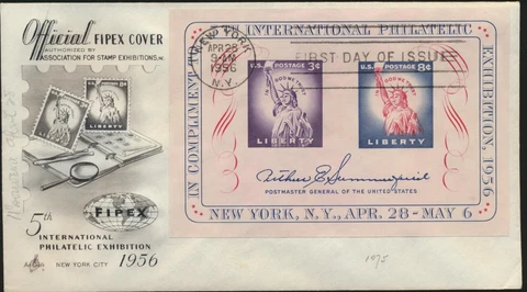 1075 1956 FIPEX Souvenir Sheet ARTCRAFT Cachet FDC  unaddressed, LOT 1636 Cover