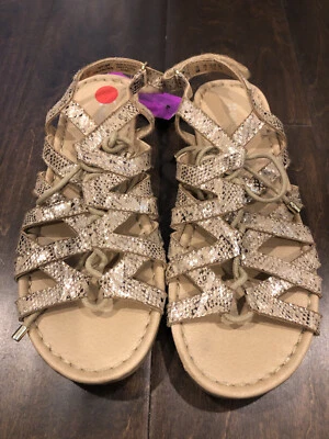 Naturalizer Gold Metallic Snakeskin Animal Strappy Lace Up Flat Sandal 6 - Image 1 of 3