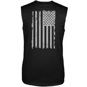 Distressed Grey Vertical American Flag Mens Sleeveless Shirt - Picture 1 of 1