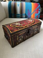 Hand Painted Flowers Artisan Wood Box Vintage Wrought Iron Hinges/Latch/ Dome