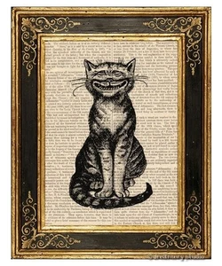 Big Smile Cat Art Print on Vintage Book Page Home Office Wall Hanging Decor Gift - Picture 1 of 3