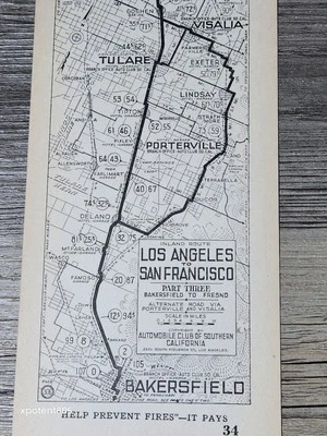 Mapa AAA 34 raro del Club Automóvil de Bakersfield a Fresno de la década de 1920 del sur de California Foto 1 de 4