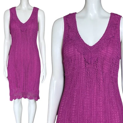 Vintage 90s Y2K Magenta Crochet Midi Dress. Medium. Cottagecore Festival Boho - Image 1 of 4