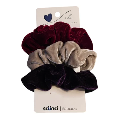 Scunci Ali Manno Scrunchies 3 Piece Velvet Red/Silver/Purple - Image 1 of 2