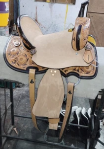 Leather Floral Tooled Round Skirt western Barrel Saddle with tackset & free ship - Picture 1 of 5