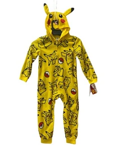 Pokemon Pikachu Union Suit Pajamas Kids 4-16 Yellow All Over Print Costume Hood - Picture 1 of 23