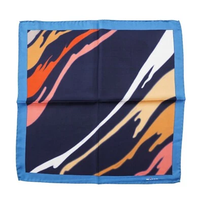 Kiton Navy Blue and Orange Abstract Watercolor Print Silk Pocket Square - Image 1 of 4