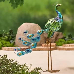 Colorful Metallic Peacock Garden Statue Tropical Bird Metal Sculpture Yard Decor - Picture 1 of 6