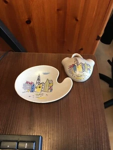 Pair Retro German Pottery Dish Wall Pocket Schmider Zell Town Scene 50s - Picture 1 of 5