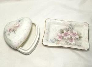 VTG Rockingham china Floral Heart shape Trinket Box & Dish/ Tray England gold ri - Picture 1 of 18