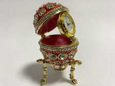 Decorative Faberge Egg Clock in Box, Enameled Metal Box with Swarovski Crystals