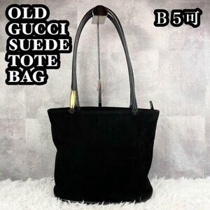 Old Gucci Black Suede Leather Tote Bag Silver Hardware Vintage 13x9.8"