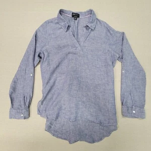 JONES & CO Size L 100% Linen Blue Stripe Roll Tab Sleeve Button Up Tunic Beach - Picture 1 of 13