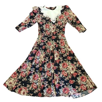 Vtg 80s Lisa II Pink Black Floral Cotton Cottage Core Tea Dress Lace Small Modes - Image 1 of 4