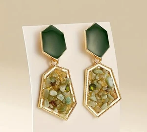 Retro Style Hexagon Avocado Green With Imitation Crystal Earrings in Gold Plate - Picture 1 of 8