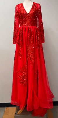 JJ's House Red Ball-Gown w/ Sweep Train Tulle Lace w/ Sequins Sz 8 196082 - Image 1 of 4
