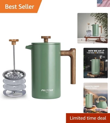 Elegante prensa francesa de aço inoxidável 34 oz com cabo de madeira e filtragem dupla - Imagem 1 de 4