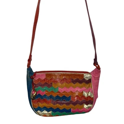 Vtg 80s Sharif Colorful Rainbow Patchwork Crossbody Bag Purse Leather Pink - Image 1 of 4