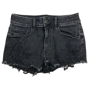 American Eagle Black Denim Shorts Size 4 Hi-Rise Shortie Lace Detail Frayed Hem - Picture 1 of 9