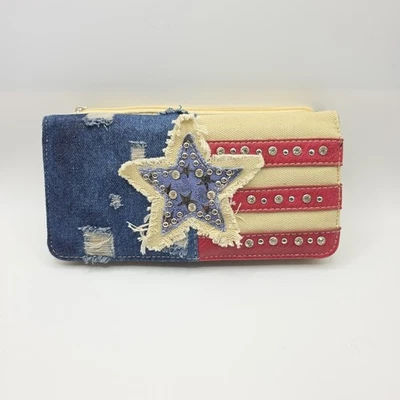 Montana West Blue Denim Star USA Flag Rhinestone Studded Wallet Khaki - Image 1 of 4