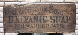 B.J. Johnson Galvanic Soap Co Wood Box Milwaukee WI 22”x9”x12.75” antique 1800s - Picture 1 of 16