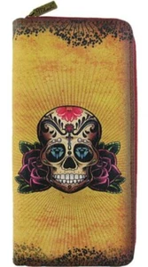 MLAVI TATTOO SUGAR SKULL LARGE ZIPPER WALLET VEGAN FAUX LEATHER NEW BW-CT002 - Picture 1 of 7