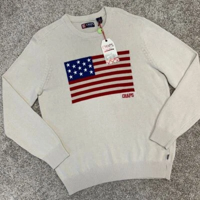 Chaps American Flag USA Sweater Men Size Large Oatmeal Heather Crewneck NWT - Image 1 of 4