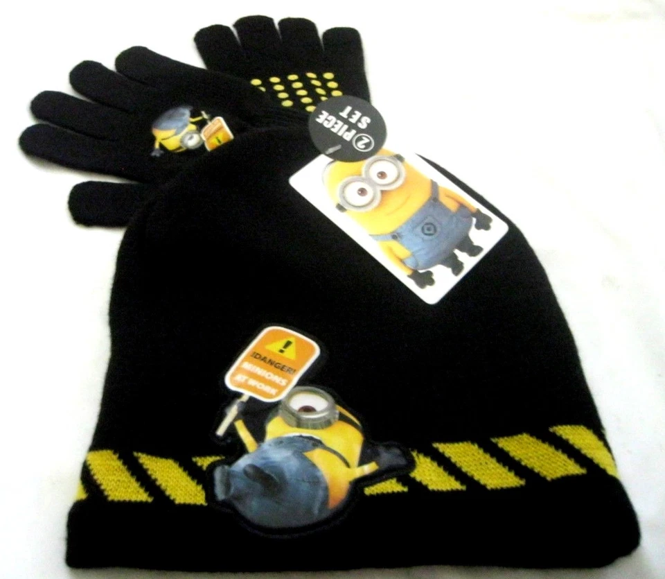  Despicable Me 2 Dave Minions at Work Gorro Negro Tejido Sombrero y Guantes-¡Nuevo! Foto 1 de 1