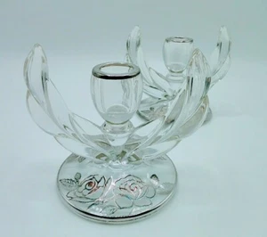 Vintage Sterling Silver Floral Overlay Laurel Leaf Glass Pair Of Candle Holders - Picture 1 of 8