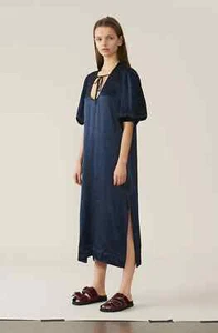 NWT GANNI Polka Dot Printed Heavy Satin Midi Dress Navy Size EU 34, 36, 38 $315 - Picture 1 of 10