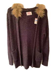 Justice Girls Hoodie Cardigan Sweater Size 14 Fur Trim Pockets