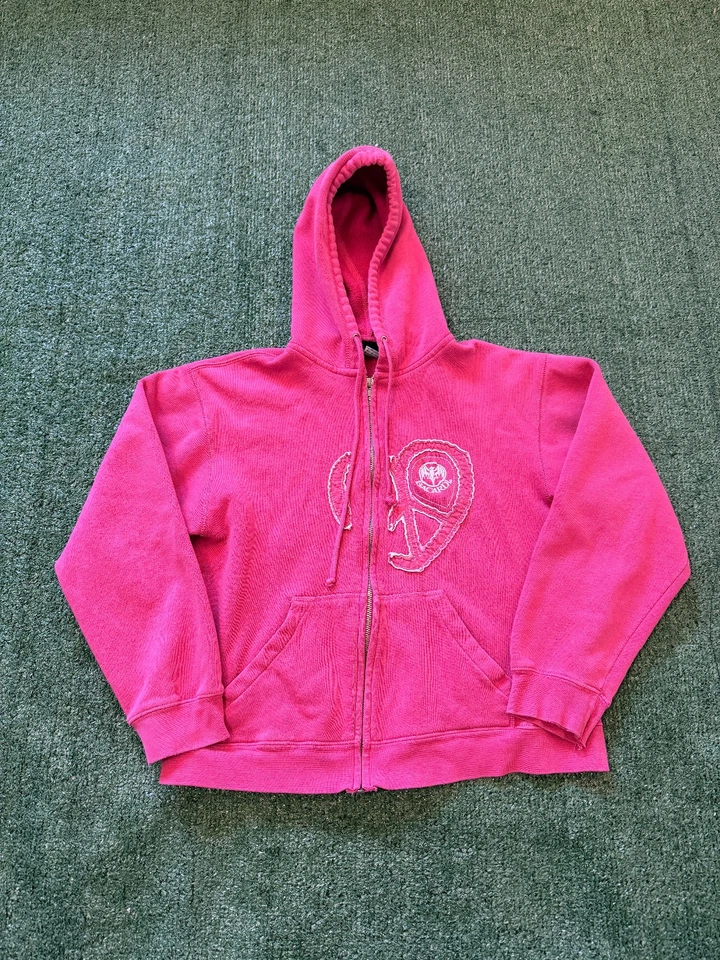 Moletom com capuz feminino vintage anos 2000 Bacardi rosa com zíper raro coração paz pequenas falhas - Imagem 1 de 4