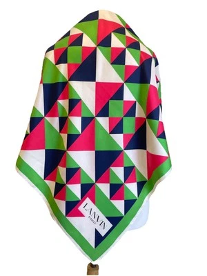 Bufanda de seda Lanvin Paris estampado geométrico rosa verde azul diseñador Francia de colección #A85 Foto 1 de 4