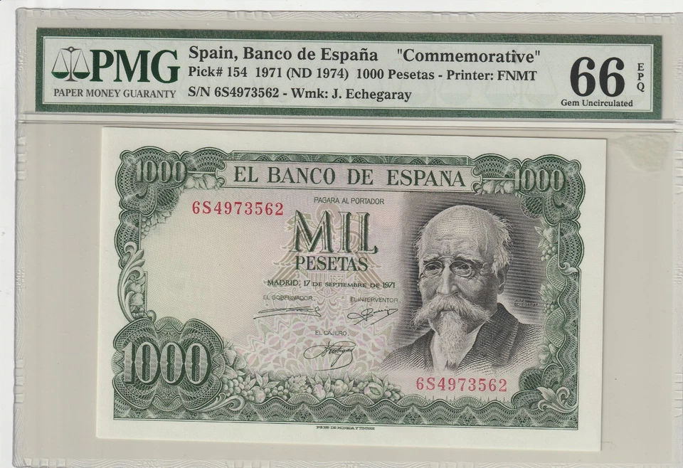 Spain 1971 1000 Pesetas PMG Certified Banknote UNC 66 EPQ 154 - Image 1 of 2