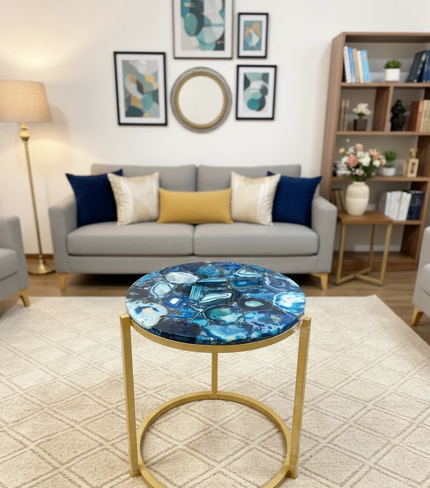 Blue Agate Table Top – Luxury Gemstone Coffee Table, Handmade Crystal Furniture - Image 1 of 3