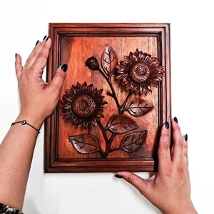 Handmade Carved Teak Wood Decorative Wall Art Sun Flowers - Unique Gift Flowers - Picture 1 of 10