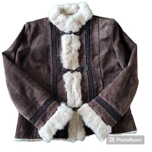Vintage Y2K Jacket Fur Trim Faux Interior Leather Penny Lane Afghan Brown L